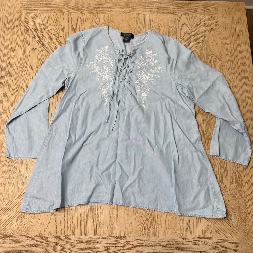 Karen Kane Women's Medium Lyocell Denim Floral Embroidered Lace Up Front Shirt